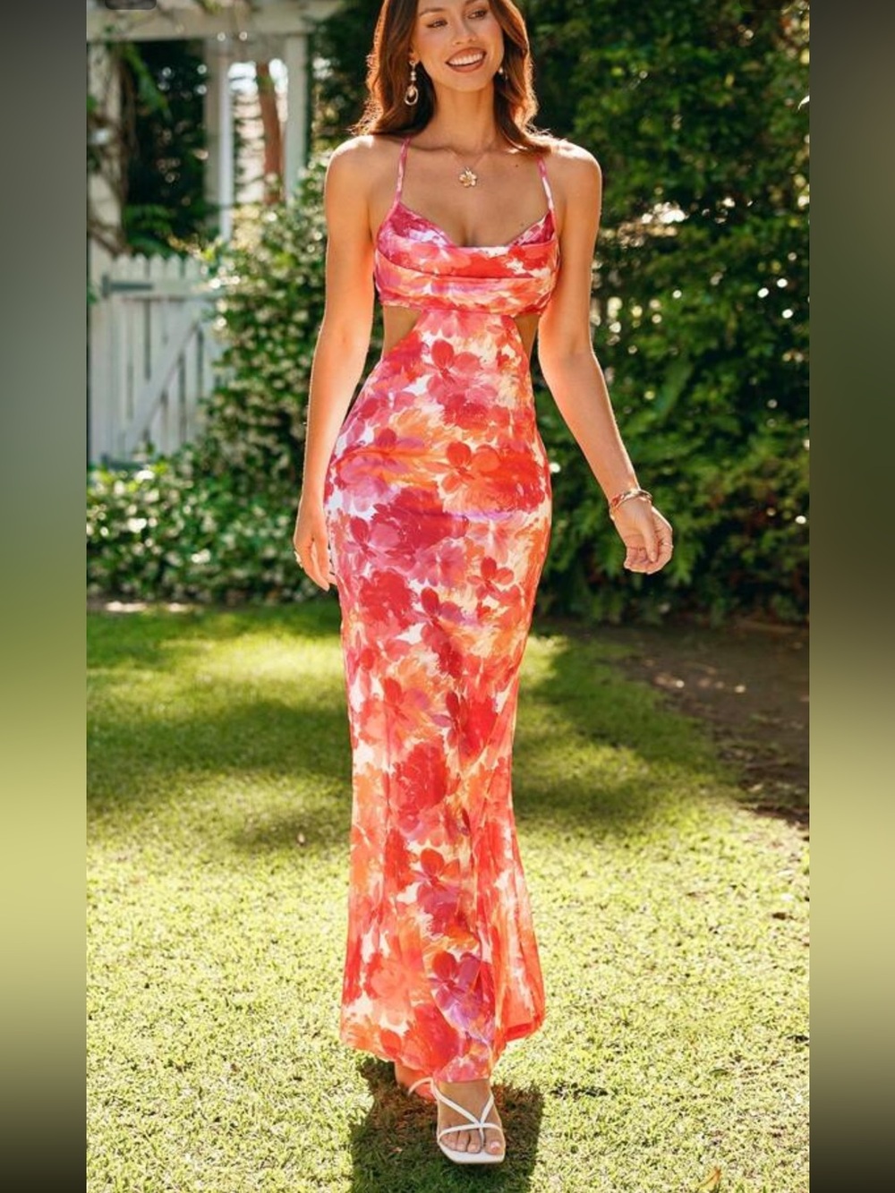 Floral Pink & Orange Maxi Dress Beachy Tropical Summer